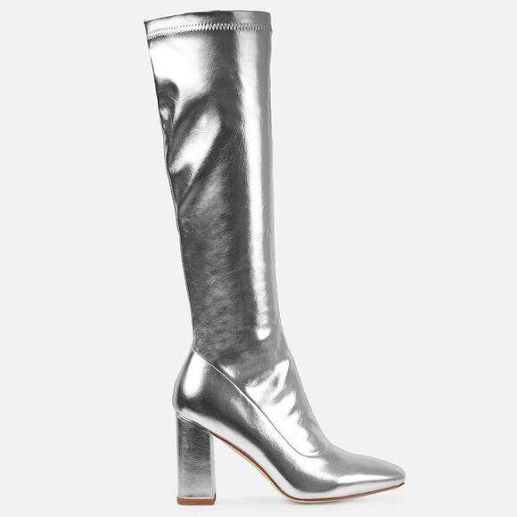 SIMMI LONDON TALULLA SILVER PATENT BLOCK HEEL KNEE HIGH BOOTS - Picture 1 of 6